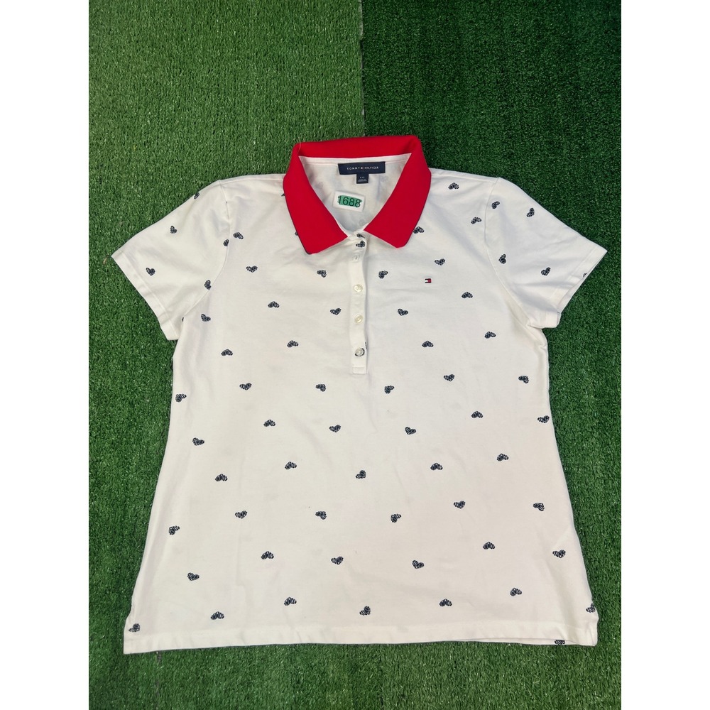 Tommy Hilfiger Womens White Heart All Over Print Polo Shirt Red Large